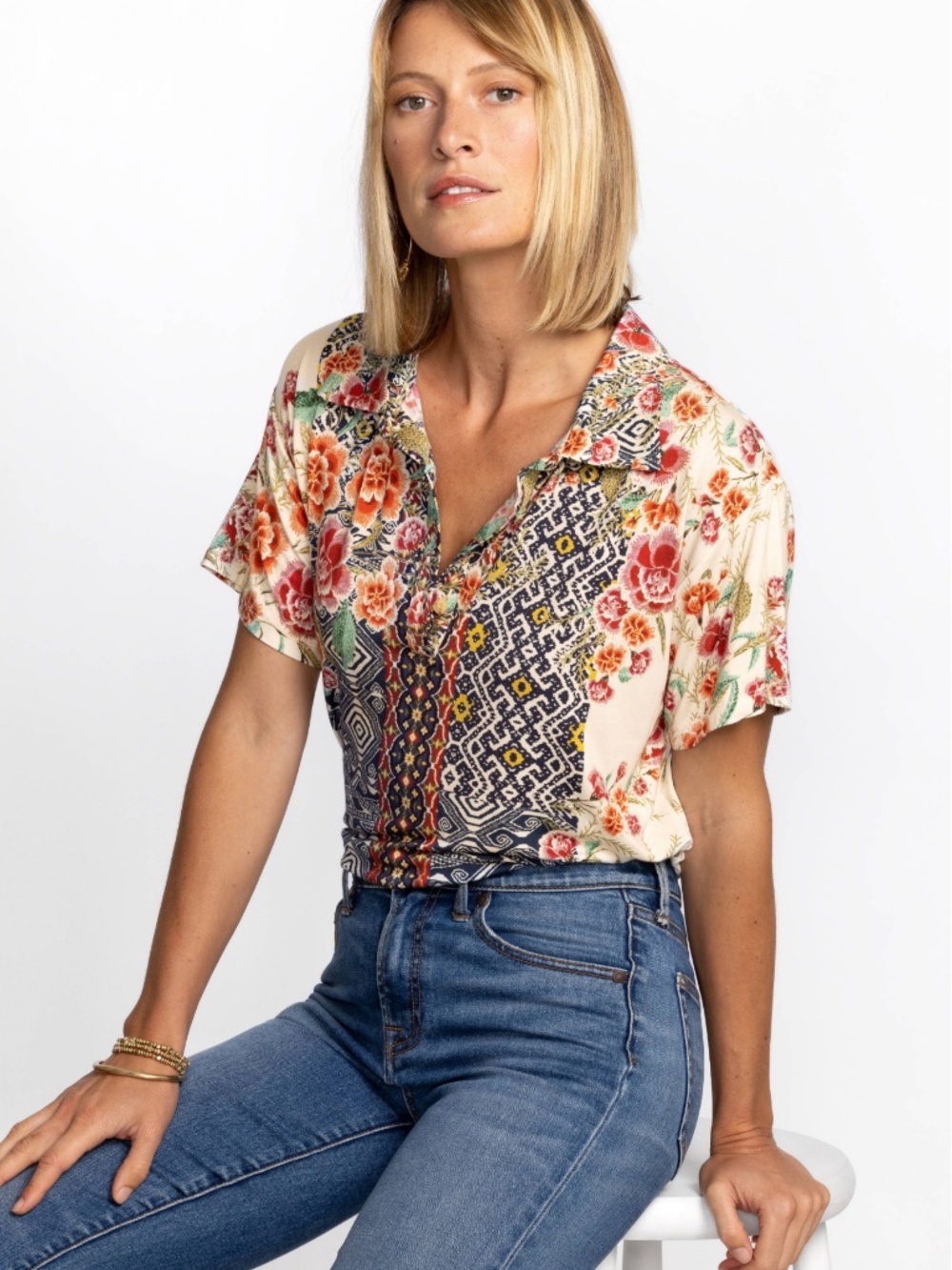 Johnny Was Aztec Flower Short Sleeve Polo Tee Women's Size XL Multicolor (Y)